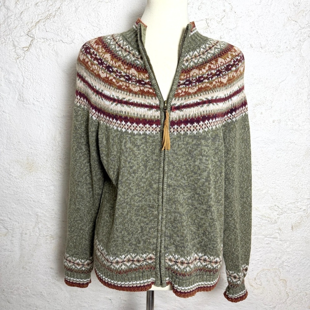 Vintage Womens Fair Isle Zip Up Cardigan Size M Y2K Earthy Cabincore Sweater